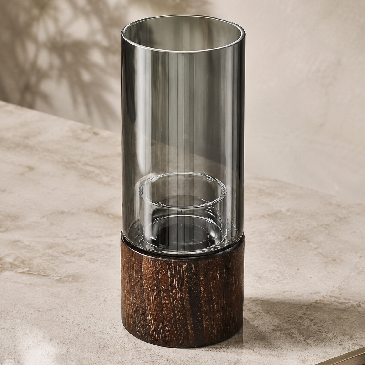 Smoky Glass Flower Vase with Wooden Base – Modern Luxury Home Décor Vase