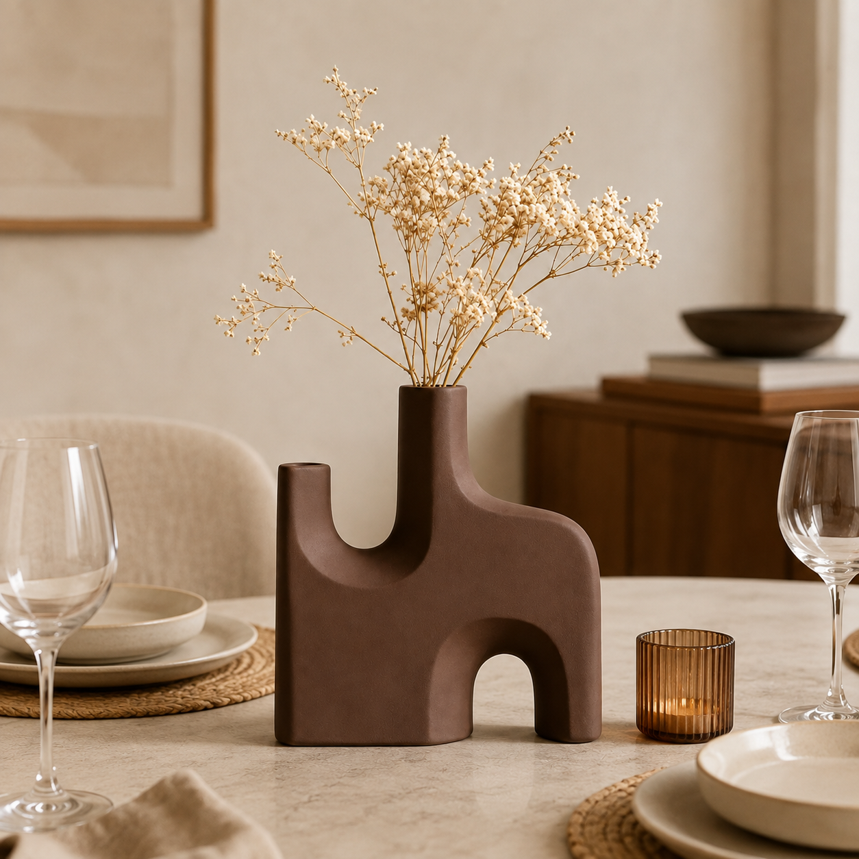 Modern Sculptural Brown Vase – Abstract Minimalist Flower Vase for Home Décor