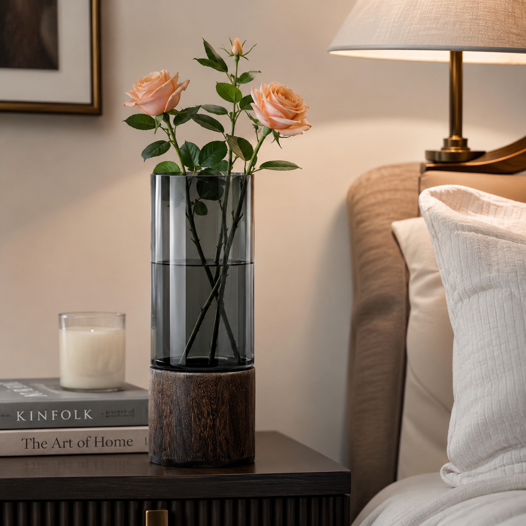 Smoky Glass Flower Vase with Wooden Base – Modern Luxury Home Décor Vase