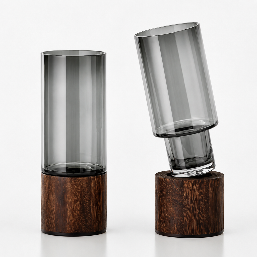 Smoky Glass Flower Vase with Wooden Base – Modern Luxury Home Décor Vase