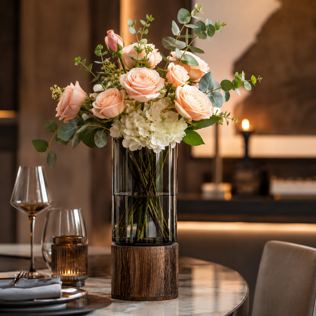 Smoky Glass Flower Vase with Wooden Base – Modern Luxury Home Décor Vase