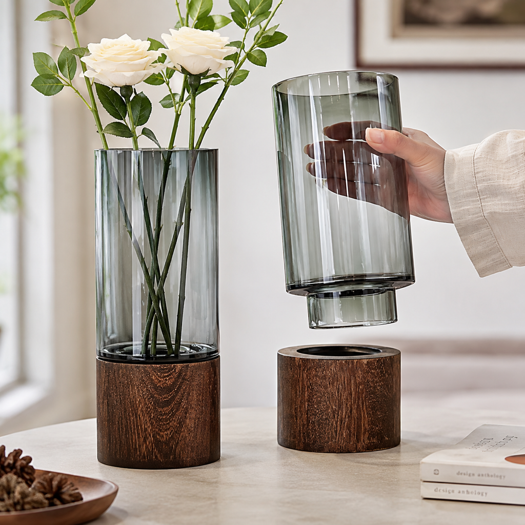 Smoky Glass Flower Vase with Wooden Base – Modern Luxury Home Décor Vase
