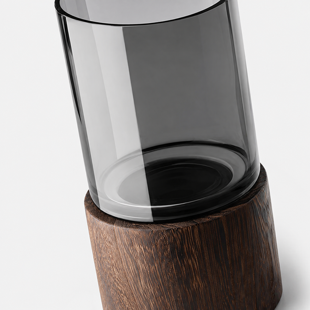 Smoky Glass Flower Vase with Wooden Base – Modern Luxury Home Décor Vase