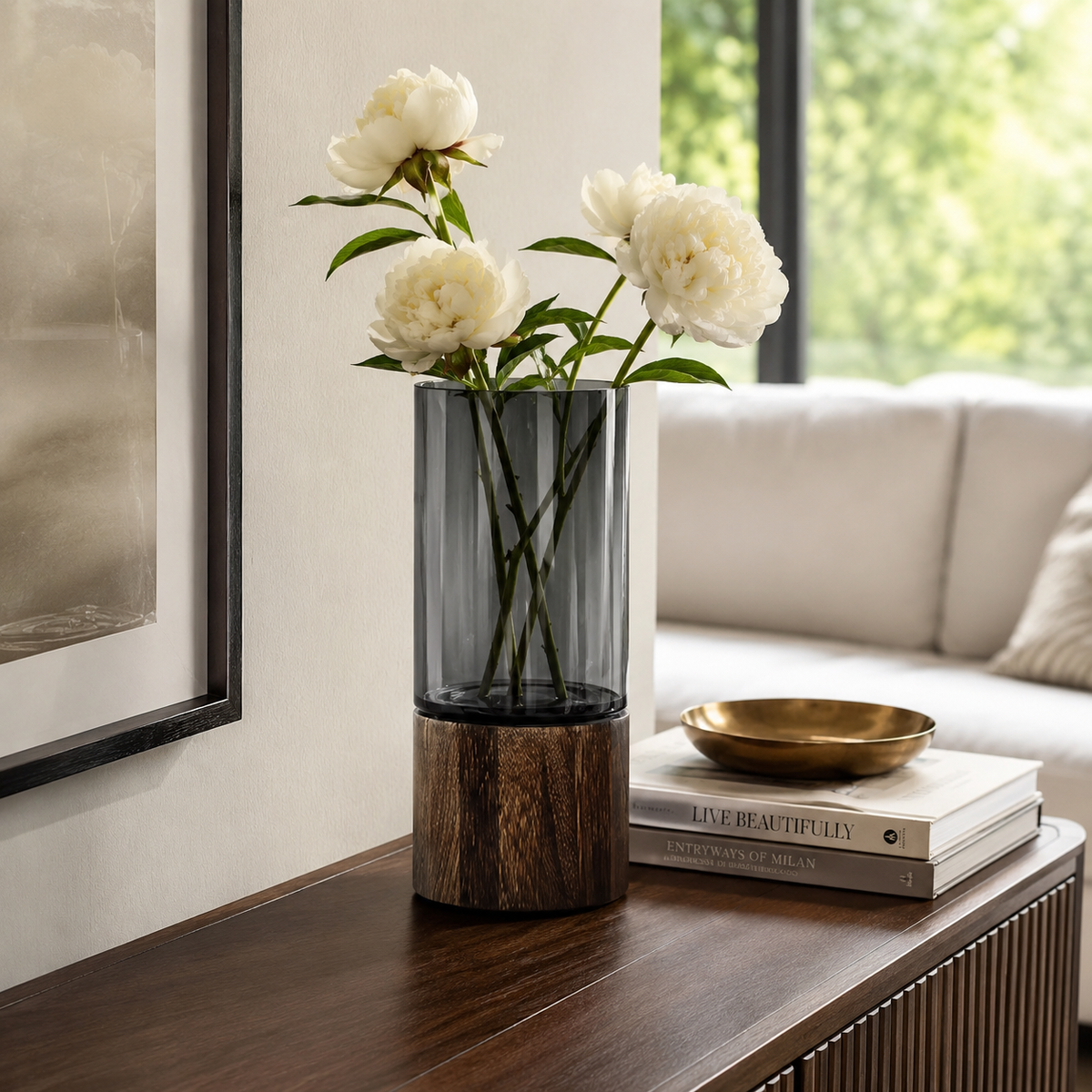Smoky Glass Flower Vase with Wooden Base – Modern Luxury Home Décor Vase