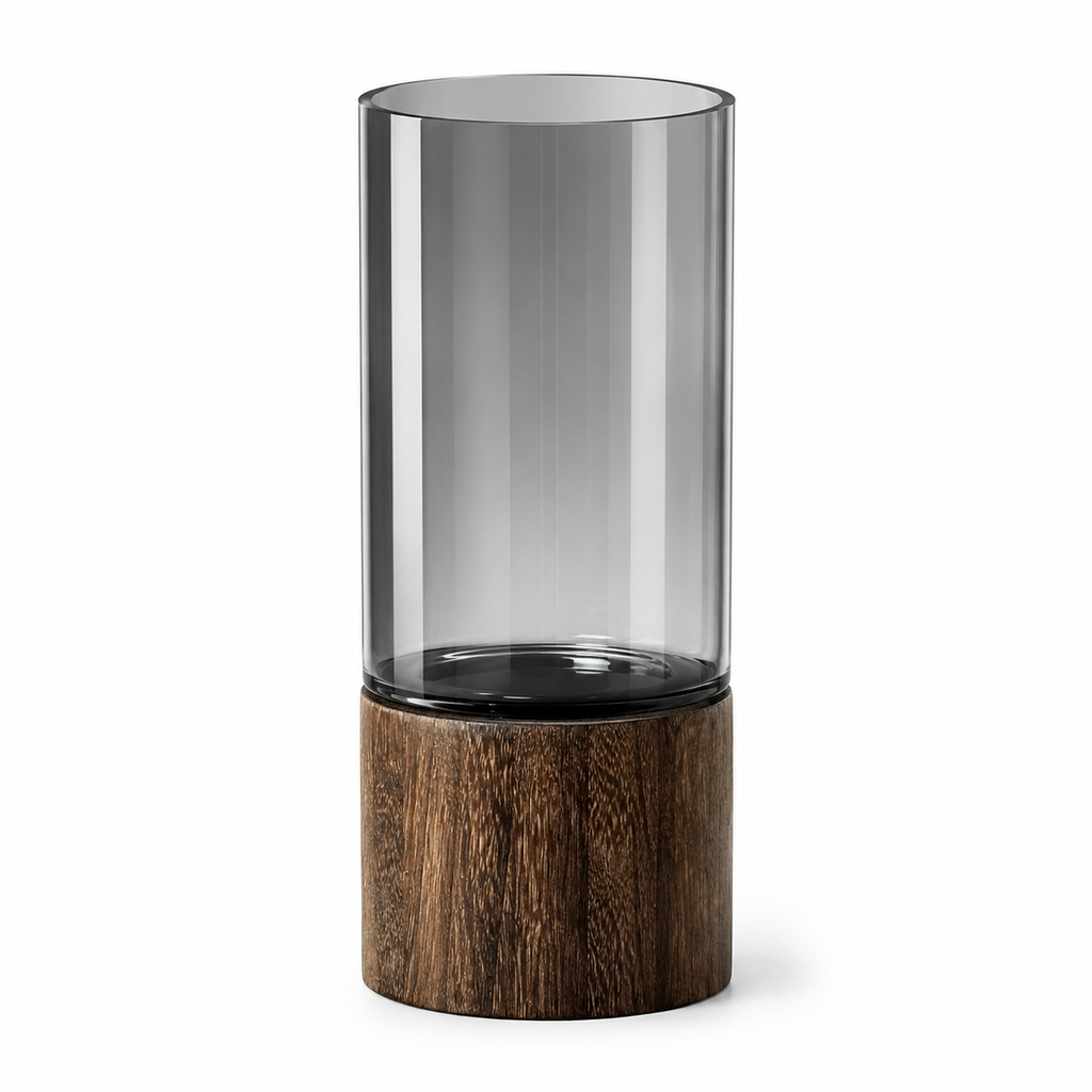 Smoky Glass Flower Vase with Wooden Base – Modern Luxury Home Décor Vase