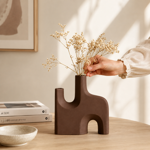 Modern Sculptural Brown Vase – Abstract Minimalist Flower Vase for Home Décor