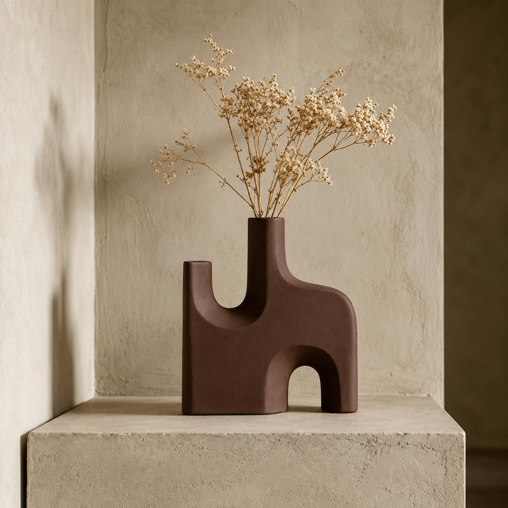 Modern Sculptural Brown Vase – Abstract Minimalist Flower Vase for Home Décor