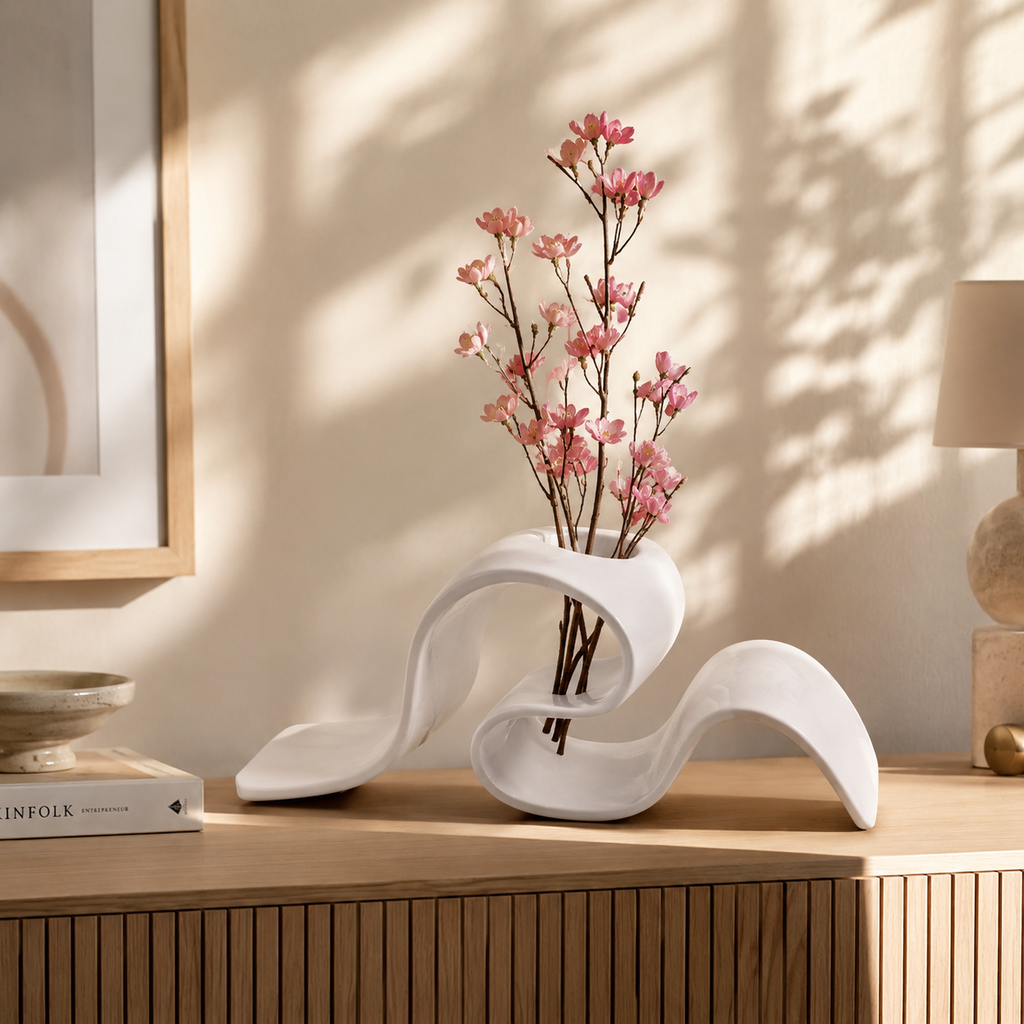 Modern White Wave Vase – Sculptural Abstract Flower Vase for Luxury Home Décor