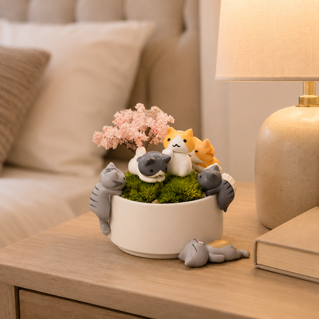 Cute Cat Planter Pot with Decorative Figurines – Kawaii Succulent & Desk Décor Planter