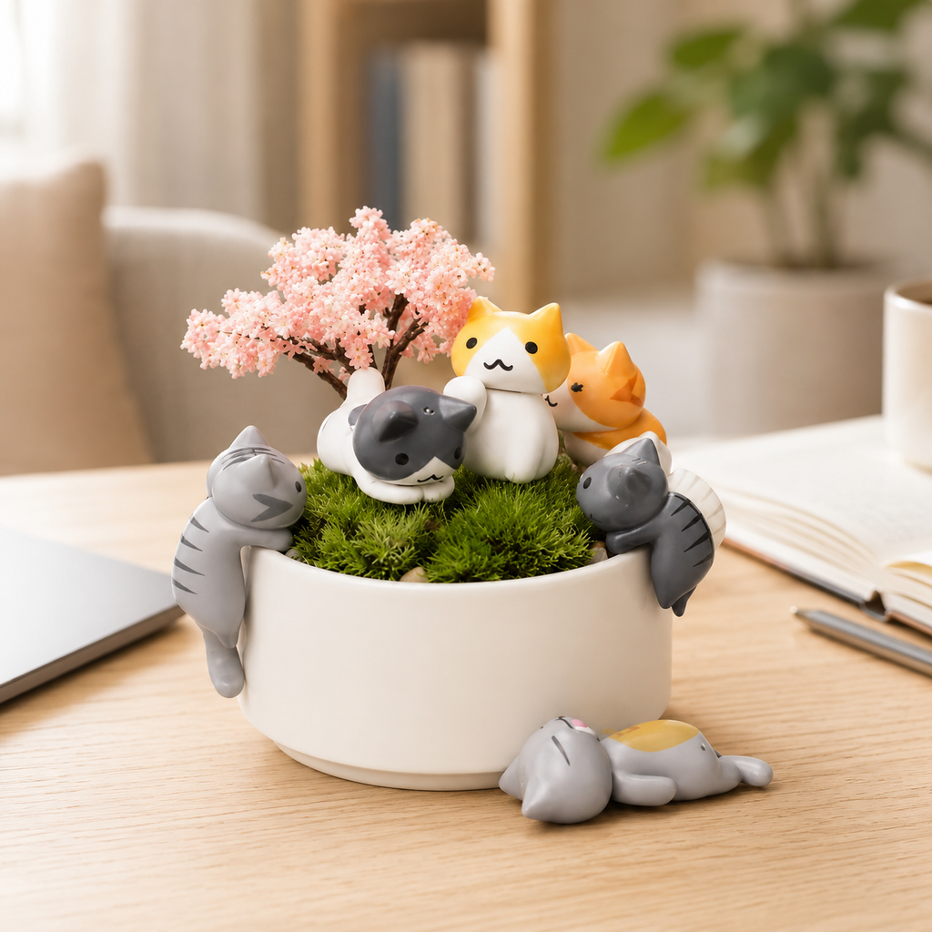 Cute Cat Planter Pot with Decorative Figurines – Kawaii Succulent & Desk Décor Planter