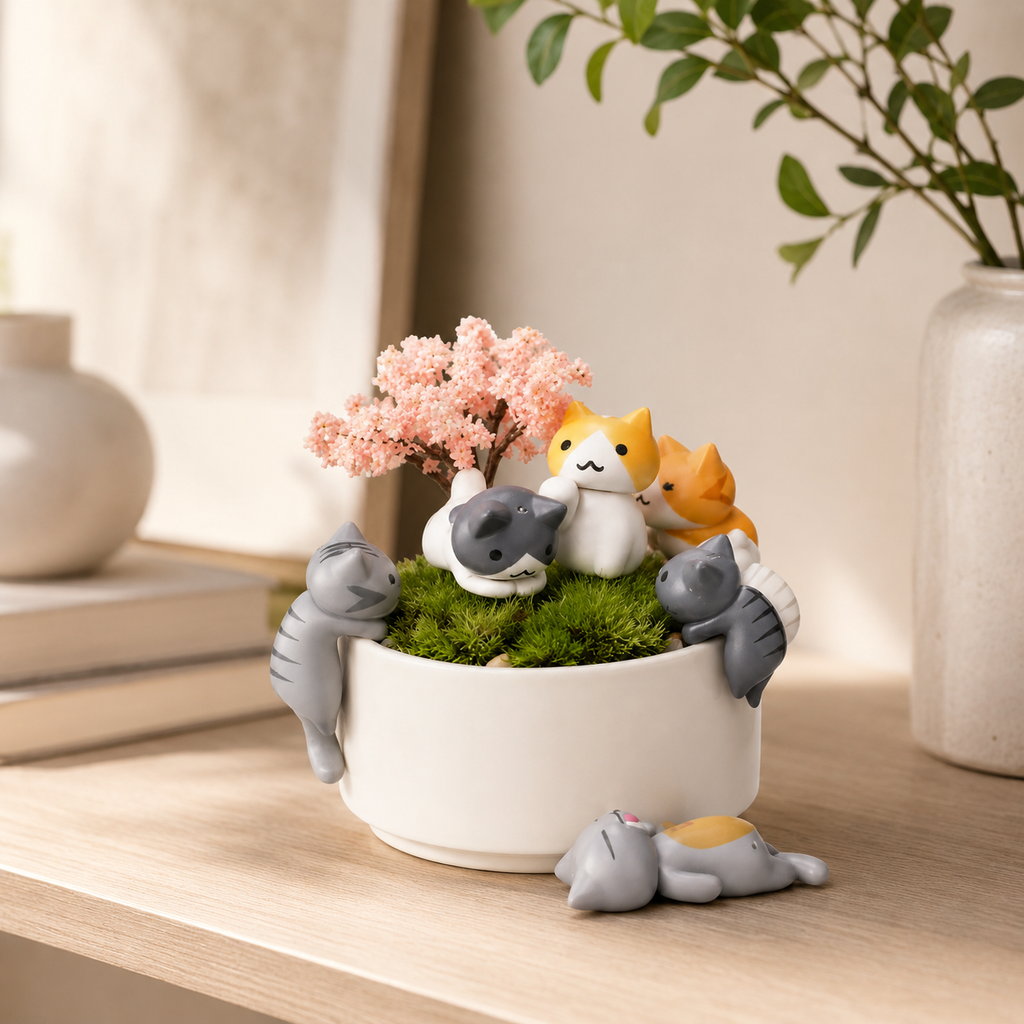 Cute Cat Planter Pot with Decorative Figurines – Kawaii Succulent & Desk Décor Planter