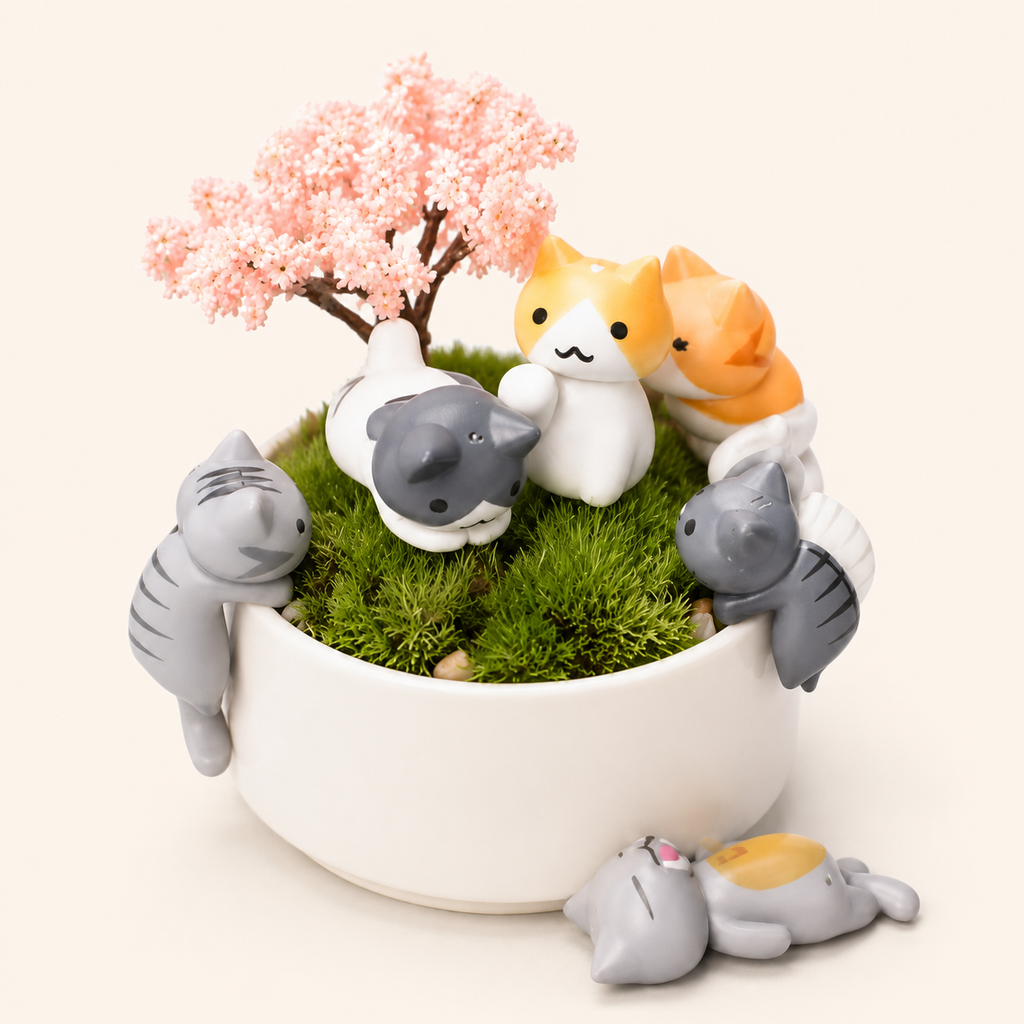 Cute Cat Planter Pot with Decorative Figurines – Kawaii Succulent & Desk Décor Planter