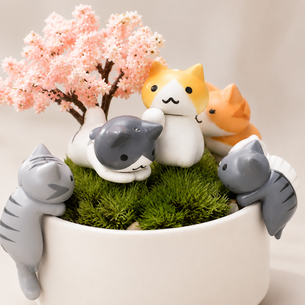 Cute Cat Planter Pot with Decorative Figurines – Kawaii Succulent & Desk Décor Planter