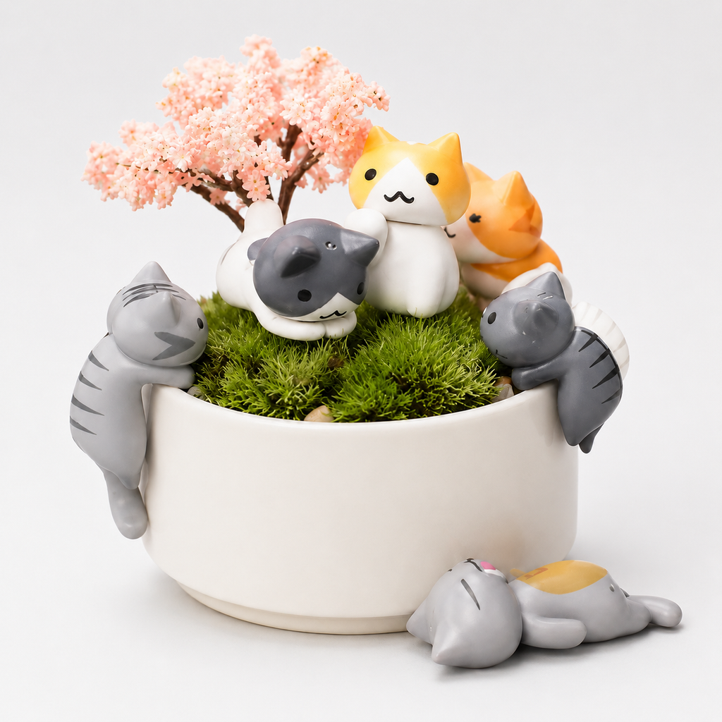Cute Cat Planter Pot with Decorative Figurines – Kawaii Succulent & Desk Décor Planter